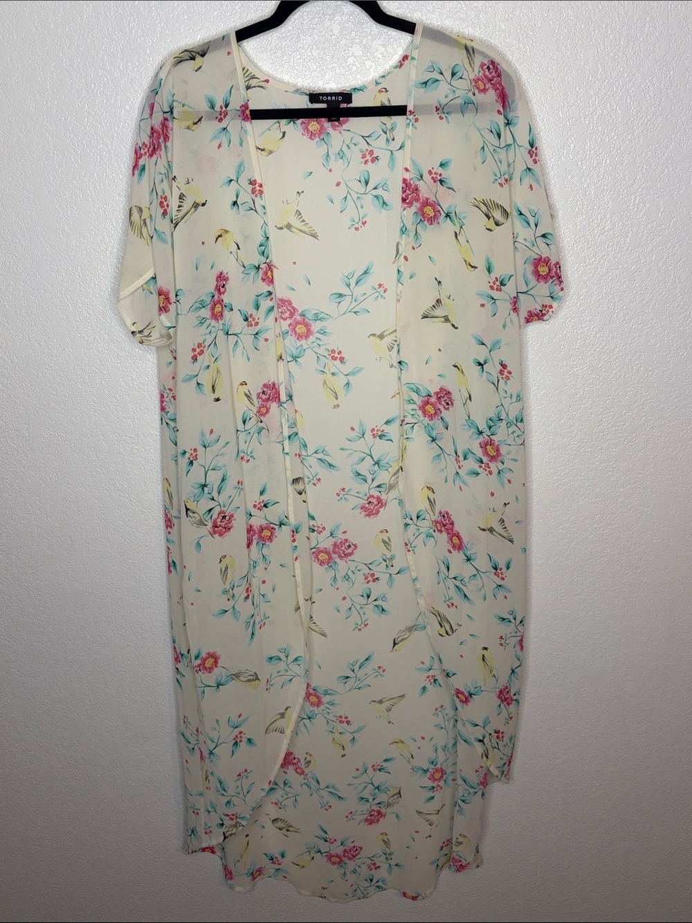 Torrid White Bird & Floral Duster Kimono Topper Size 0X/1X Boho Cottagecore